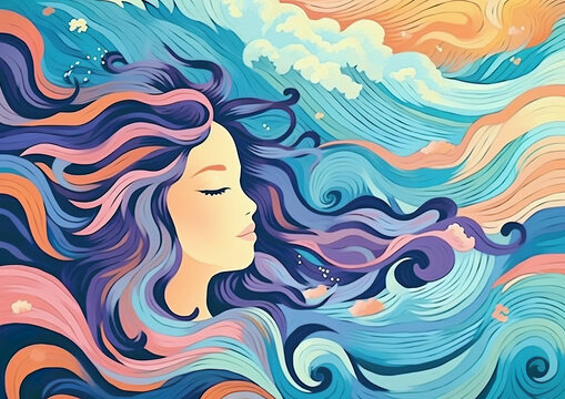 Sleeping girl with long hair dreaming in the waving clouds.Psychic waves concept.Esoteric calming background with soothing colors.Generative AI.
