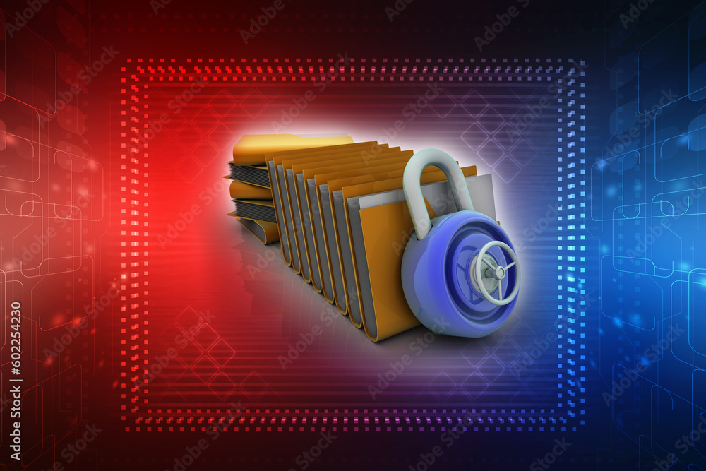 Poster 3d rendering yellow folder and lock. data security concept