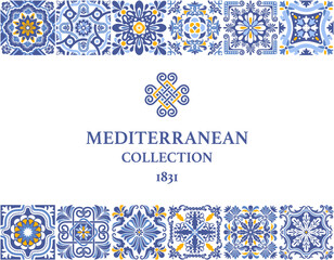 Label or business card template with azulejo mosaic tile pattern, blue, white, yellow colors, floral motifs. Mediterranean, Portuguese, Spanish traditional vintage style. Vector illustration - obrazy, fototapety, plakaty