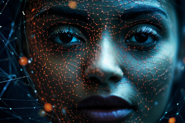  information line on woman face artificial intelligence development integration. Generative AI