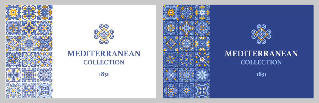 Label or business card template with azulejo mosaic tile pattern, blue, white, yellow colors, floral motifs. Mediterranean, Portuguese, Spanish traditional vintage style. Vector illustration