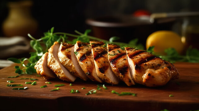 Closeup of tasty roast chicken breast served on wooden board. Delicious food. Grilled chicken. Generative AI