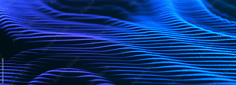 Poster Abstract blue background of points. Falling cyber particles. Big data stream. 3d rendering