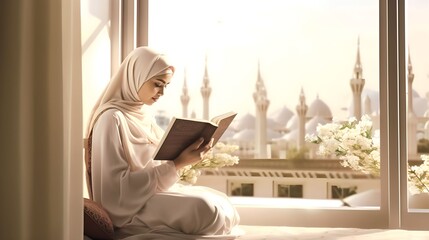 Muslim women sitting and holding Quran with view of mosque, background illustration, Generative AI - obrazy, fototapety, plakaty