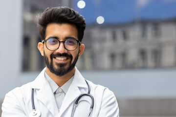 Close-up portrait of Hindu doctor, man in glasses smiling and looking at camera, doctor student intern with stethoscope outside clinic. - obrazy, fototapety, plakaty