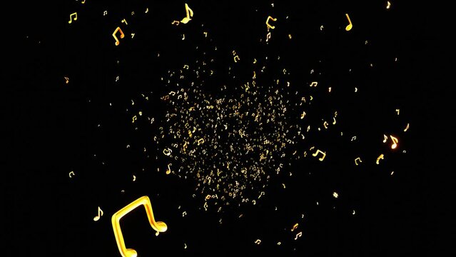 A heart that explodes into a golden musical note particle on black background. 4K Video motion graphic animation