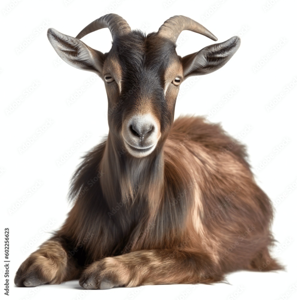 Wall mural The brown horned goat lies quietly and rests. Isolated on white background. KI.