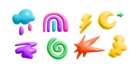 3d render color abstract weather icons. Kid doodle graphic element. Cute cloud, star, moon, rainbow doodle in trendy moden style. Vector cartoon illustration