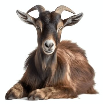 The brown horned goat lies quietly and rests. Isolated on white background. KI.