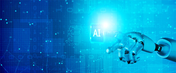 Hands of robot and ai cuicrit data network connection with binary number code background.Vector illustration