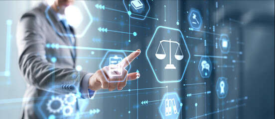 Justice and law concept. Lawyer businessman using digital technology law innovation interface