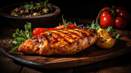 Closeup of tasty roast chicken breast served on wooden board. Delicious food. Grilled chicken. Generative AI