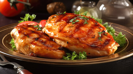 Fototapeta premium Closeup of tasty roast chicken breast served on plate . Delicious food. Grilled chicken. Generative AI
