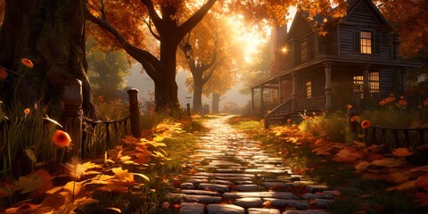 Obraz premium Autumn scene with trees turning orange and brown. AI Generative Art