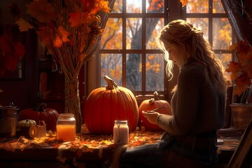 Autumn scene with trees turning orange and brown. AI Generative Art