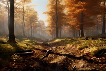 Fototapeta na wymiar Autumn scene with trees turning orange and brown. AI Generative Art