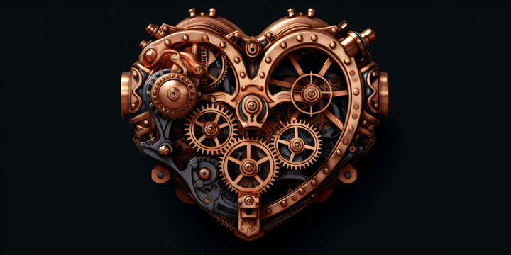 detailed steam punk heart copper, detailed, love,valentine, industrial, isolated on clean dark background,copy space, generative ai
