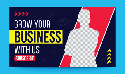Grow your business with us web banner and YouTube thumbnail web banner vector template, editable text, thumbnail background
