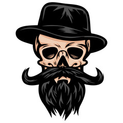 Skull Mustache Gentleman Fedora Hat Barbershop Logo Vintage Illustration
