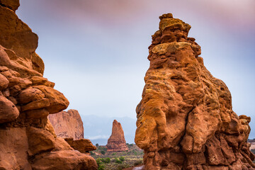 sandstone formations of arches nationalpark druing sunset in utah usa