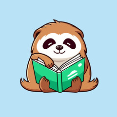 Vector cartoon icon illustration of a lazy sloth reading a book in a flat style, portraying an animal learning and showcasing intelligence, knowledge, and thinking abilities