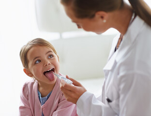 Kid, doctor and thermometer in mouth for medical risk, assessment and check infection. Pediatrician, happy girl and testing temperature of children for fever, virus or healthcare consulting in clinic - obrazy, fototapety, plakaty