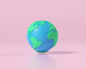 Cartoon Planet Earth 3d icon. Environmental protection concept, world map, green planet. On a pink background. 3D illustration..