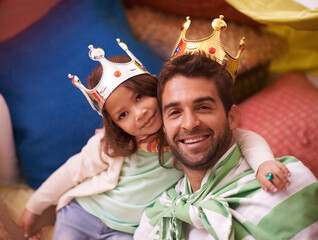 Young kid, dress up portrait and dad with princess fun in a bedroom fort with costume, girl and...