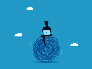 Control emotions while solving difficulties. Businessman balances chaos with laptop vector