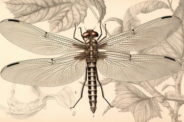 Intricate beauty on display: a stunning dragonfly drawing featuring fine linework and delicate watercolor washes, generative AI - obrazy, fototapety, plakaty