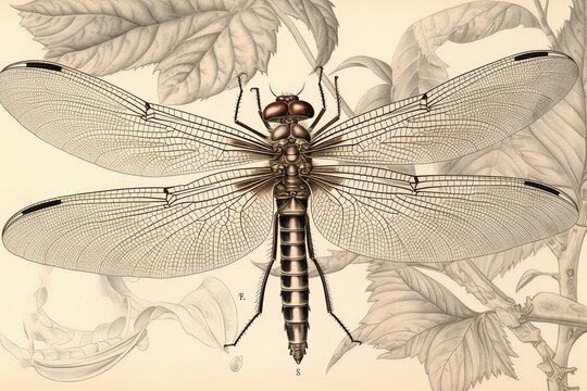 Intricate beauty on display: a stunning dragonfly drawing featuring fine linework and delicate watercolor washes, generative AI