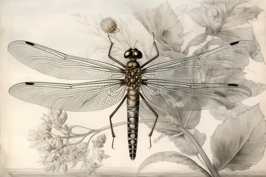 Intricate Beauty Unveiled: A Fine Linework and Watercolor Drawing of a Dragonfly, generative AI