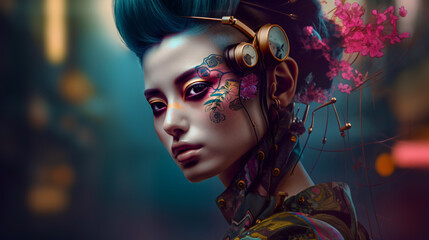 modern japanese geisha, crazy female cyborg portrait with metallic cybernetic ornaments, fictional person created with generative ai