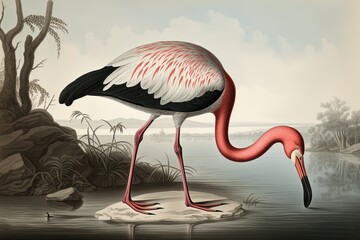 Realistic and Intricately Detailed Drawing of a Lifelike Flamingo by a Renowned Artist, generative AI