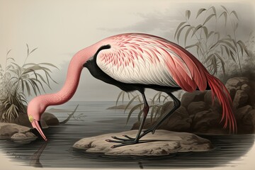 Realistic Flamingo Drawing with Intricate Details and Delicate Shading by a Renowned Artist, generative AI