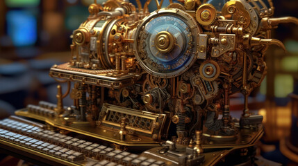 Fototapeta premium Mechanical Majesty: Unveiling the Intricate Steampunk Computer Macro. Generative AI
