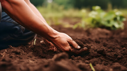Hand of farmer inspecting soil health before planting in organic farm. Soil quality Agriculture, gardening concept.