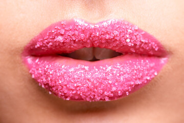 Woman mouth, pink lipstick and sugar scrub closeup, makeup and beauty with exfoliation and sparkle. Bright aesthetic, female model lips and cosmetics product, cosmetology with cosmetic lip care - obrazy, fototapety, plakaty