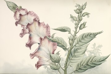 Exquisite Depiction of Foxglove: Fine Linework and Delicate Watercolor Showcasing Intricate Beauty, generative AI