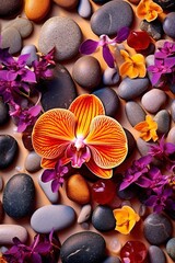 beautiful flowers and stones, atmospheric japanese style spa or massage still, generative ai