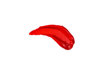 Red smear lipstick cosmetics on a white background. Top view, flat lay