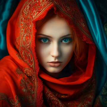 beautiful and mysterious woman with bright blue eyes in a red oriental chador, fictional person created with generative ai