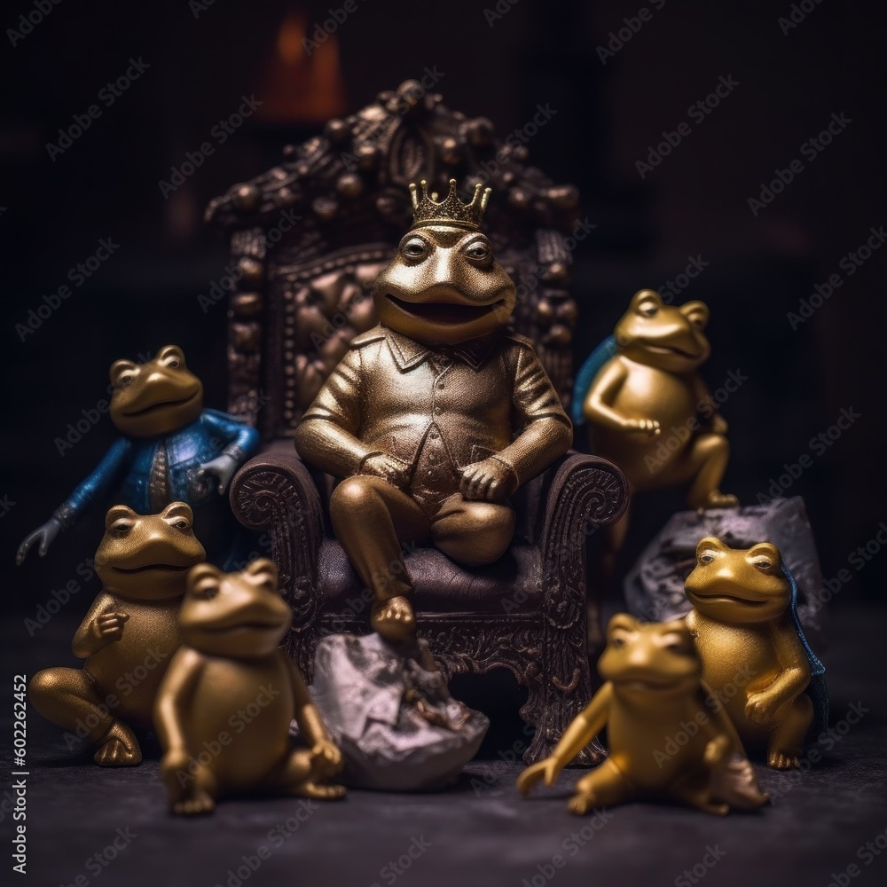 Poster a statue of a frog sitting on a throne surrounded by frogs. generative ai image.