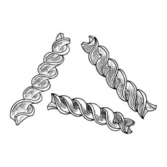 Fusilli pasta symbols or icons, hand drawn black line vector illustration isolated on white background. Fusilli pasta pieces in form of short spirals.