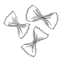 Italian Farfalle pasta. Hand-drawn sketch in the style of engraving. Traditions of Italian cuisine. For menu design, packaging, etc. Vector drawing isolated on a white background.
