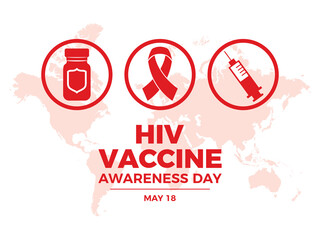 HIV Vaccine Awareness Day vector illustration. Hiv aids red medical symbols vector. Red aids awareness ribbon, vaccine vial, injection syringe icon set. May 18. Important day