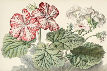 Intricate Beauty Unveiled: Fine Linework and Delicate Watercolor Washes Capturing the Classic Geranium in a Drawing by Pierre-Joseph Redout�., generative AI