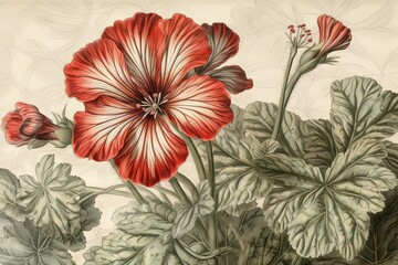 Beautiful Geraniums Showcased in Intricate Fine Linework and Watercolor Washes: A Stunning Drawing by Pierre-Joseph Redout�, generative AI