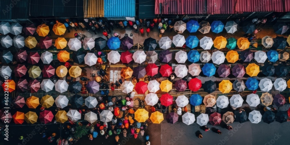 Poster a group of people with umbrellas in the rain. generative ai image.