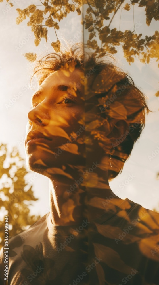 Poster a man standing under a tree looking up at the sky. generative ai image.